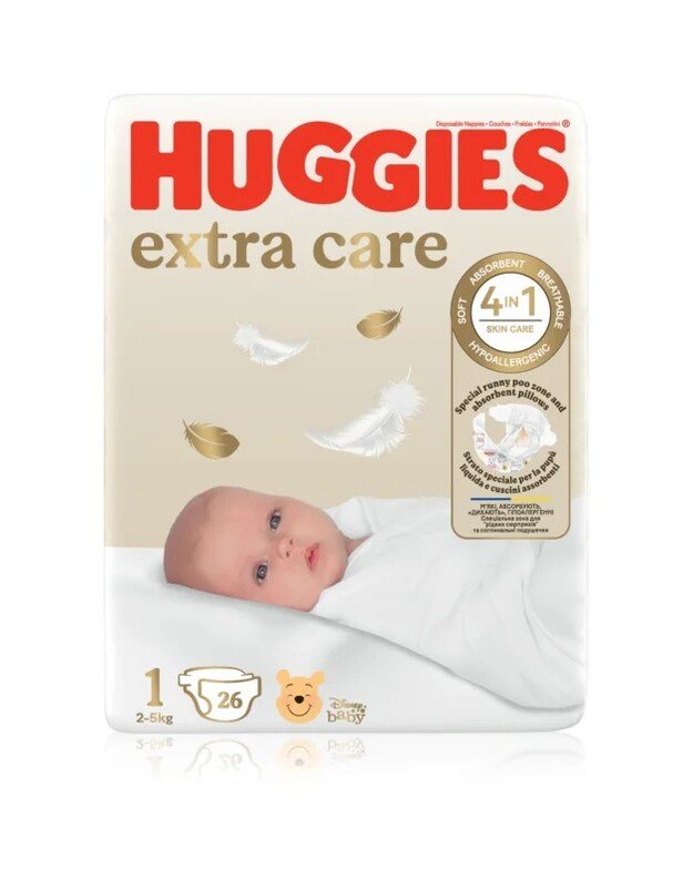 HUGGIES EXTRA CARE vienkartinės sauskelnės 1, 2-5 kg, 26 vnt