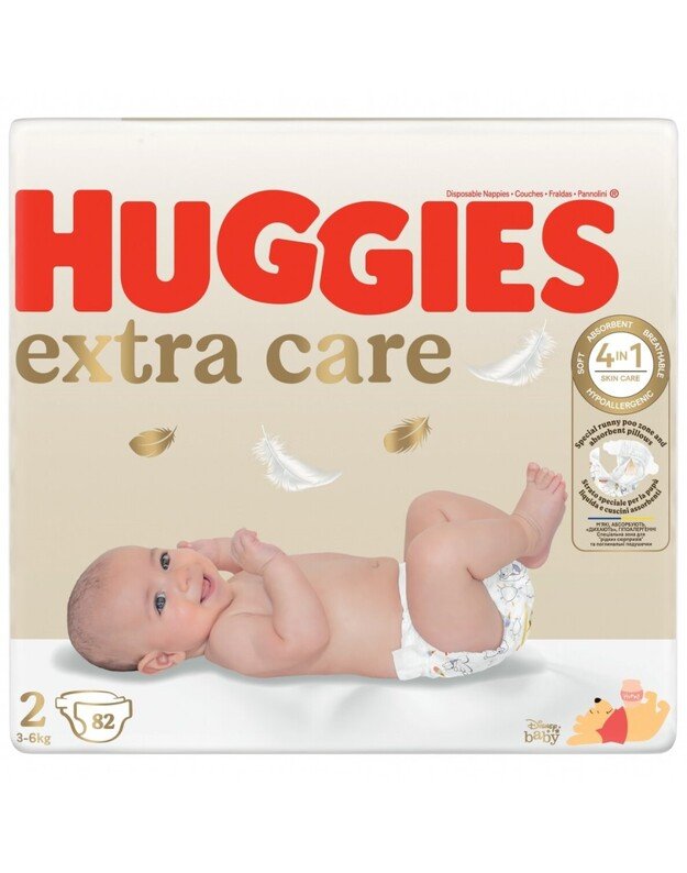 HUGGIES EXTRA CARE vienkartinės sauskelnės 2, 4-6 kg, 82 vnt